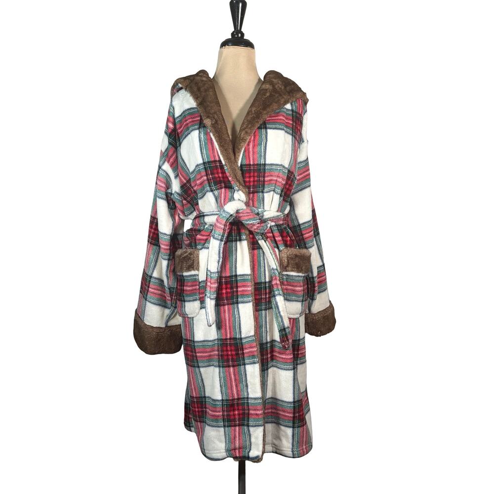 Member’s Mark Women’s S/M Luxury Plush Hooded Robe Stewart Plaid Faux Fur